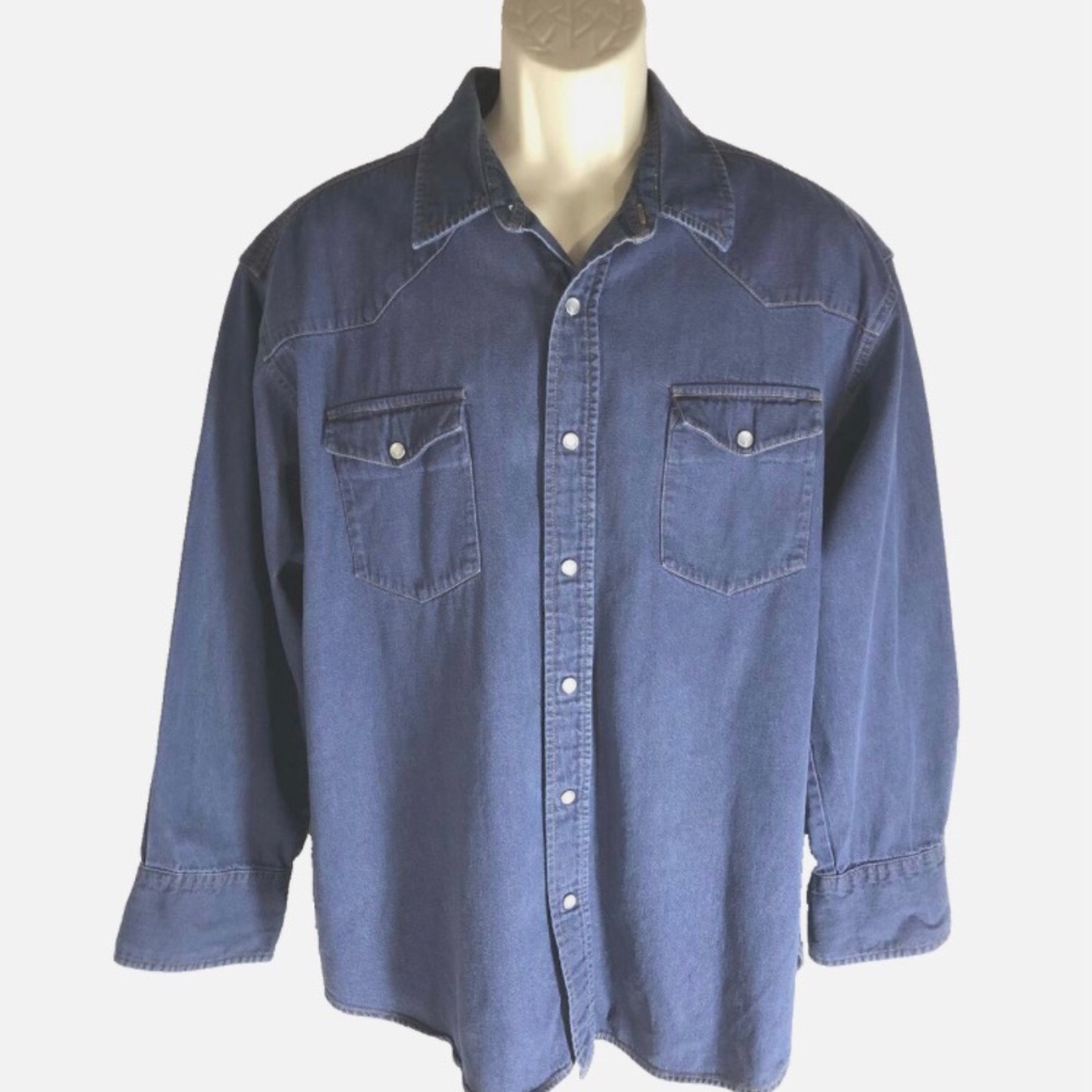 Wrangler Rugged Wear mens Denim Shirt sz XL 100% Cotton Pearl Snaps Western
